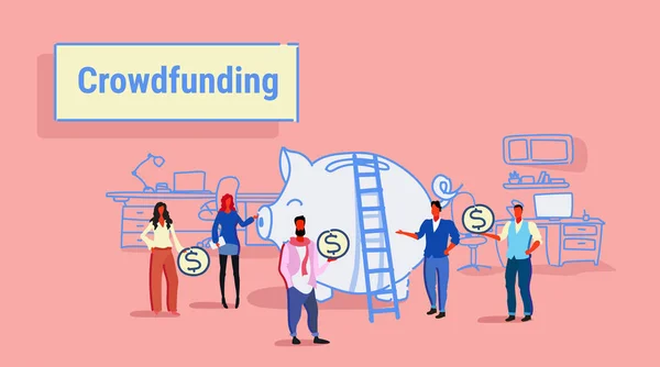 Επιχειρηματίες ομάδα επενδύσεων χρήματα επενδυτής crowdfunding έννοια επιχειρηματίες επενδύουν δολάριο νομίσματα κουμπαράς χρηματοδότηση γραφείο εσωτερικών σκίτσο οριζόντια — Διανυσματικό Αρχείο