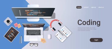 web site tasarım geliştirme programı kavramı en iyi açı görünüm masaüstü bilgisayar monitörü tablet dizüstü ekran Organizatör office in yatay kopya alanı kodlama