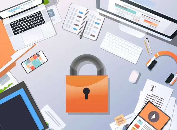 Algemene gegevens bescherming verordening Gdpr concept top hoek weergave bureaublad hangslot privacy informatie veiligheid en vertrouwelijke office stuff horizontale — Stockvector