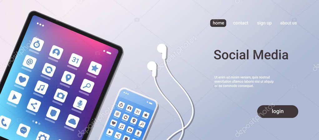 social media mobile application icons creative ui colorful screen top angle view desktop tablet smartphone earphones horizontal copy space