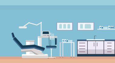 profesyonel diş hekimi diş odası sandalye ve araçları veya kabine diş bakım modern klinik ofis iç düz yatay vektör çizim için