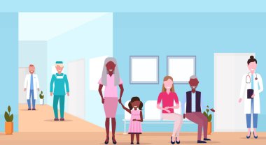 yarış hastalar ve doktorlar hastane bekleme salonu helthcare kavramı tıbbi klinik koridor içinde karıştırın iç yatay düz