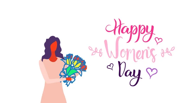 Woman holding bouquet of flowers happy women day 8 march holiday celebration concept female character portrait white background horizontal greeting card sketch — Stock Vector