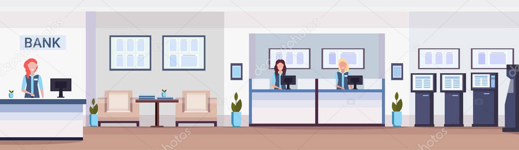cashier women at cash desk financial consulting center with waiting room reception and atm modern bank office interior horizontal banner flat