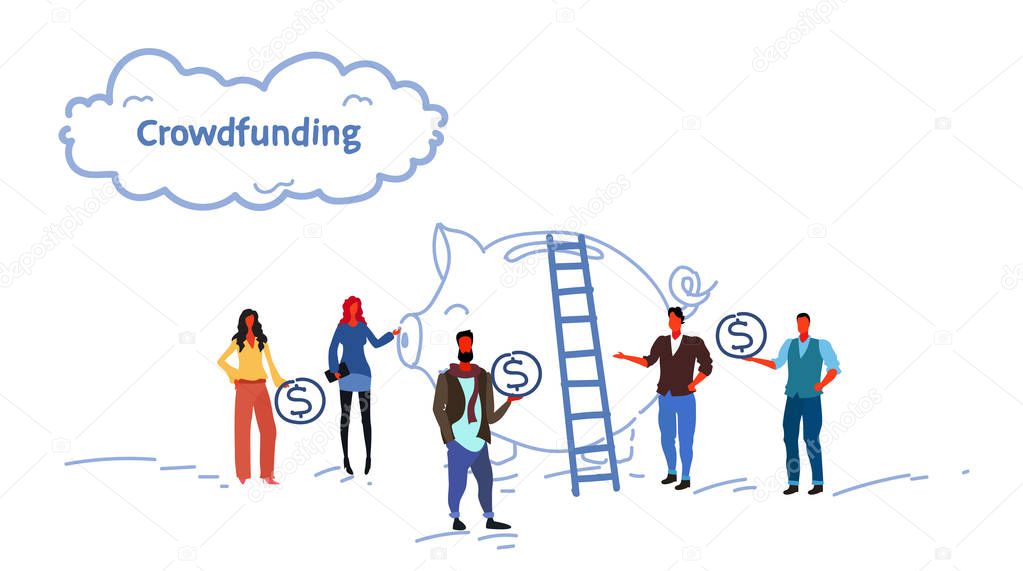 businesspeople group investment money investor crowdfunding concept business people investing dollar coin piggy bank crowd funding sketch flow style horizontal