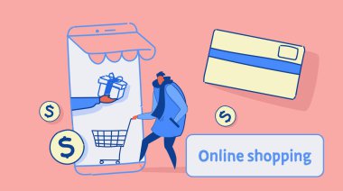 casual adam arabası kartı smartphone ekran kroki akışı tarzı tam uzunlukta yatay tutarak mobil uygulama online pazar alışveriş kavramı müşteri kullanma