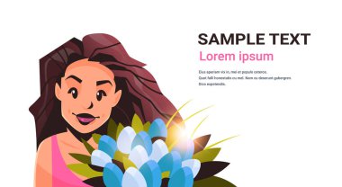 mutlu kadın gün 8 Mart tatil kutlama kavramı kadın karikatür karakter portre beyaz arka plan yatay kopya alanı buket çiçek tutan kadın