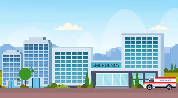 Moderno edificio del hospital con ambulancia coche clínica médica exterior paisaje urbano plano horizontal — Archivo Imágenes Vectoriales