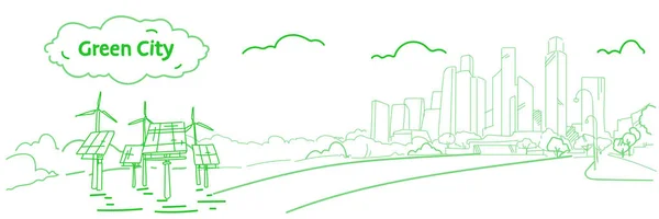 Σύγχρονη οικολογική πόλη με ανεμογεννήτριες και ηλιακά πάνελ πράσινη ενέργεια έννοιας ουρανοξύστης cityscape φόντο σκίτσο ροή στυλ οριζόντια banner — Διανυσματικό Αρχείο