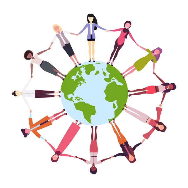 Mix race women holding hands around globe international friendship concept girls surrounding world white background — Stock Vector