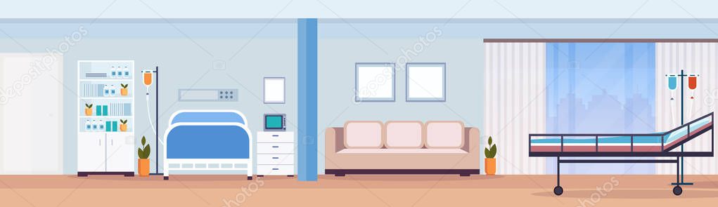 hospital room interior intensive therapy patient ward with medical tools nursing care bed empty no people modern clinic furniture horizontal banner