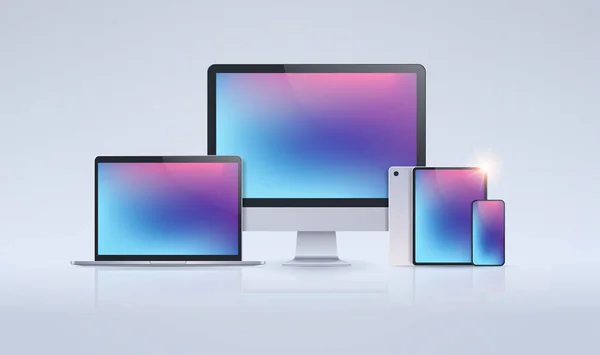 Dispositivos electrónicos mockup set monitor portátil tablet y smartphone con pantalla colorida concepto de tecnología digital gris fondo horizontal — Vector de stock