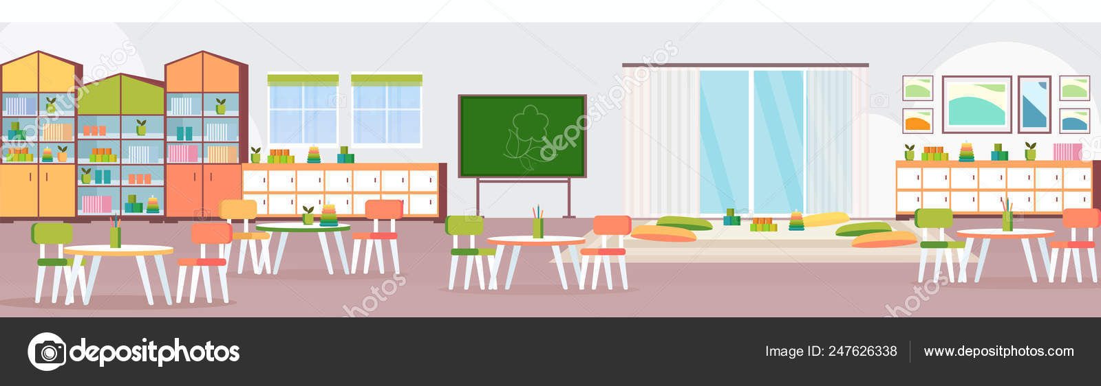 Preschool Modern Kindergarten Children Classroom With Chalkboard