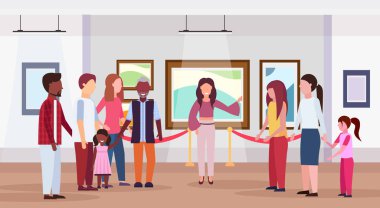 modern sanat galerisi Müzesi iç yaratıcı çağdaş resim sanat veya sergiler düz yatay tam uzunlukta seyir Kılavuzu Bayan ve mix yarış turist grubu