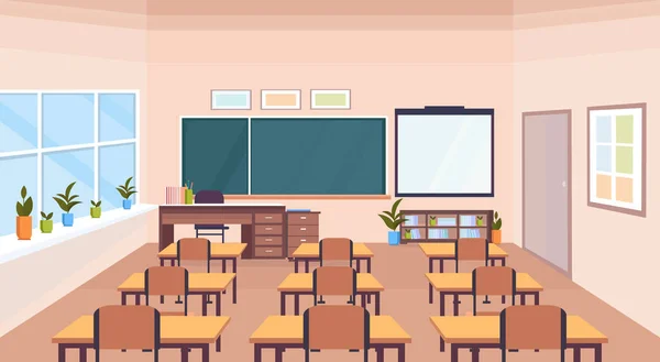 Moderno aula de la escuela interior pizarra escritorios vacío ninguna gente horizontal pancarta plana — Vector de stock