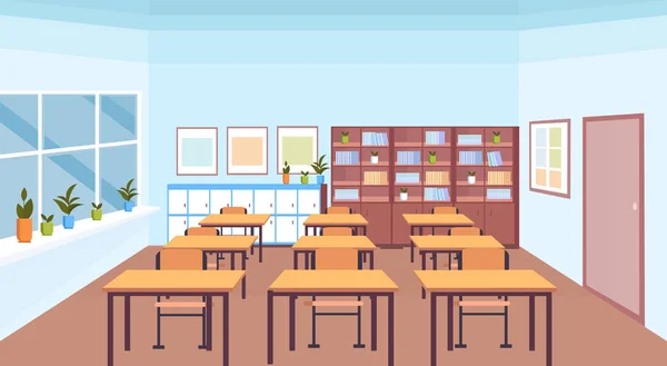 Moderno aula de la escuela interior estante de libros escritorios y sillas vacío ninguna gente horizontal pancarta plana — Vector de stock