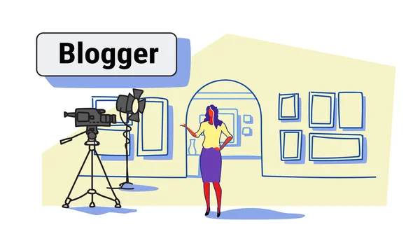 Kobieta blogger nagrywania wideo na kamera kobiece Przewodnik stojący sztuka Galeria Muzeum wnętrz online wycieczka społecznościowych blog koncepcja szkic przepływ stylu poziome — Wektor stockowy