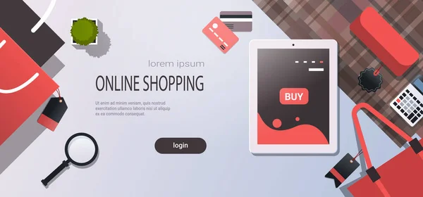 Tableta pantalla venta aplicación móvil en línea concepto de compras lugar de trabajo escritorio ángulo superior ver cosas de oficina plano espacio de copia horizontal — Archivo Imágenes Vectoriales