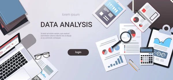 Data analysis concept workplace desk with office stuff top angle view laptop tablet paper documents report finance graph flat copy space horizontal — Stock Vector