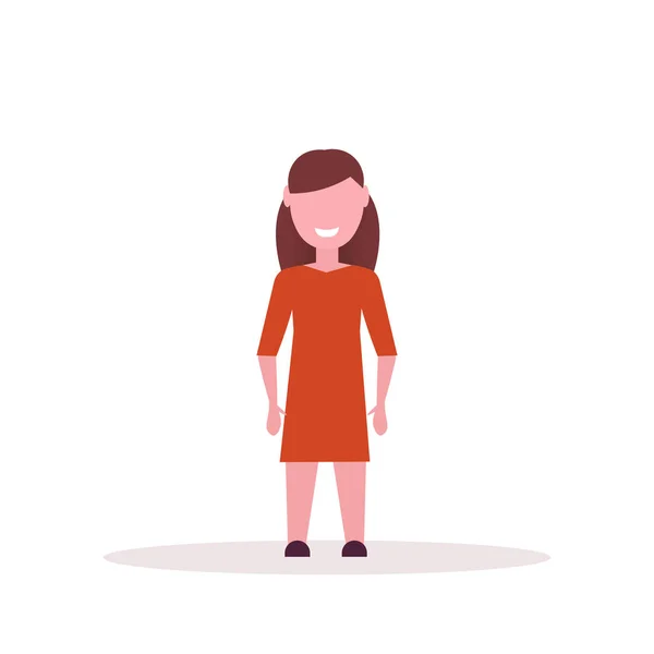 Mutlu brownhair kız ayakta poz küçük çocuk kadın karikatür karakter tam uzunlukta düz beyaz arka plan — Stok Vektör