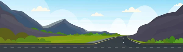 Asphalt Autobahn Straße und schöne Berge natürliche Landschaft Hintergrund horizontal Banner flach — Stockvektor