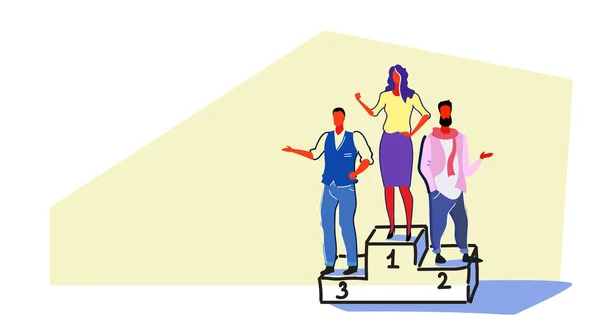 快乐的商人站在领奖台上成功的女商人第一名企业成功胜利概念全长五颜六色的素描涂鸦水平 — 图库矢量图片