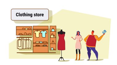 adam kadını birlikte modern moda salonu Bayan giyim pazarında alışveriş merkezi iç kroki akışı stili yatay duran yeni elbise çift seçme