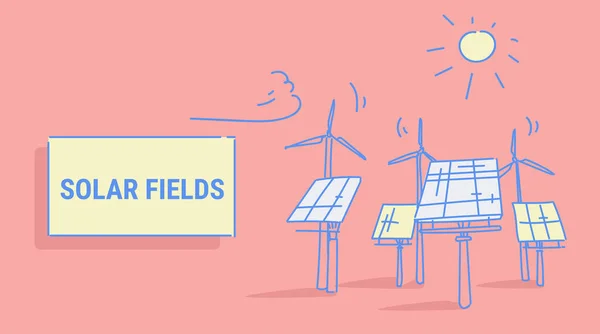 Ветряная турбина солнечной энергии панели полей возобновляемых источников энергии концепции альтернативных источников энергии фотоэлектрического района горизонтальный эскиз — стоковый вектор