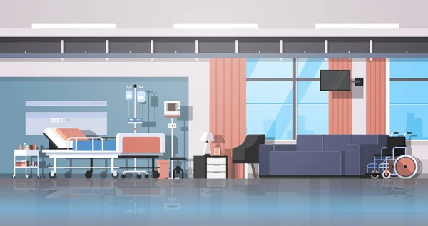 Moderna sala de hospital terapia intensiva interior paciente enfermaria cuidados cama sobre rodas confortável sofá e cadeira de rodas clínica mobiliário horizontal —  Vetores de Stock