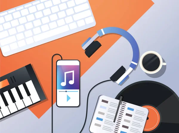 Smartphone afspelen van muziek via de hoofdtelefoon audio mobiele app concept top hoek weergave werkplek desktop met toetsenbord koptelefoon piano office stuff horizontale — Stockvector