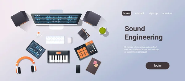 Muziek opnemen van studio sound engineering concept top hoek weergave computerbeeldscherm piano audiomixer hoofdtelefoon pro apparatuur office stuff horizontale — Stockvector