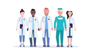 yarış grubu Tekdüzen birlikte tam uzunlukta düz yatay beyaz arka plan hastane sağlık Kliniği işçi duran tıp doktorları takımının mix