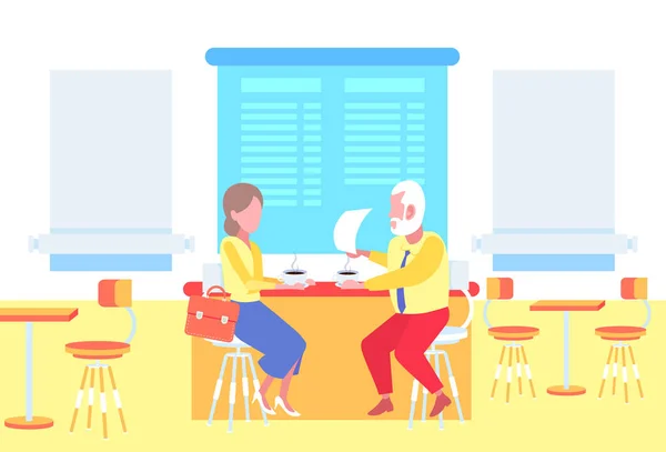 카페 테이블 기업인 계약 문서와 마시는 커피 현대적인 레스토랑 인테리어 수평 평면 전체 길이 앉아 커플 남자 여자 — 스톡 벡터