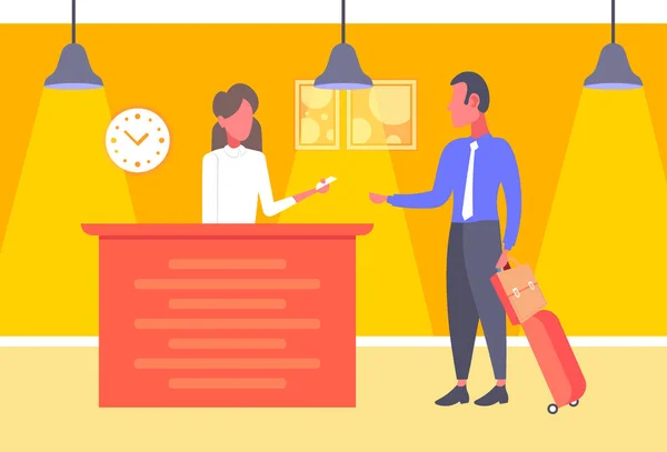 Businessman with baggage taking keys business man arrive to hotel check in woman receptionist registration at reception counter hall interior horizontal — Stock Vector