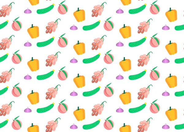 Verduras y frutas de color patrón sin costura comida vegetariana concepto fondo blanco plana horizontal — Vector de stock