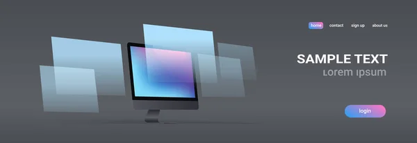 Σύγχρονη οθόνη επιτραπέζιου υπολογιστή σταθμού εργασίας κενή υπολογιστή οθόνη ψηφιακή τεχνολογία έννοια γκρι φόντο οριζόντια banner αντίγραφο χώρου — Διανυσματικό Αρχείο