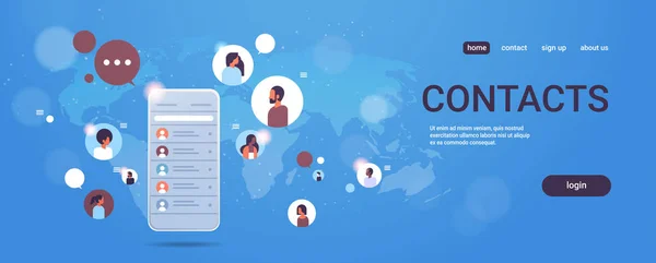 Contact list of mix race people social network communication concept smartphone select contacts screen chat messaging mobile application world map background horizontal — Image vectorielle