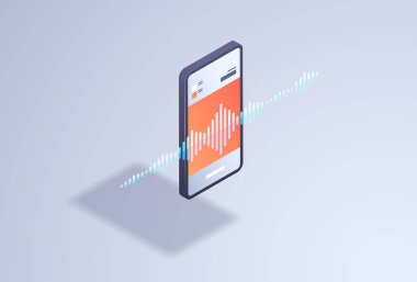 Akıllı yapay zeka sesli mesaj kayıt hoparlör Yardımcısı sesleri online uygulaması arabirimi 3d izometrik smartphone ekran düz yatay oynarken