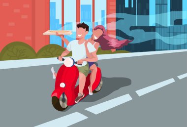 Çift sürme motosiklet scooter kadın adam aşık erkek kadın tam uzunlukta karakter pizza lokanta kavramı cityscape arka plan düz yatay tutarak motosiklet sürüş