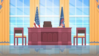 Amerika Birleşik Devletleri Amerika mutlu Başkanlar Günü kavramı Başkan işyeri ahşap mobilya ABD ulusal bayrak oval ofiste ev iç düz yatay beyaz