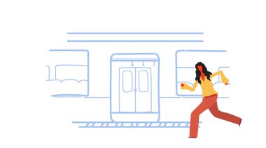 casual kadın tren metro şehir toplu taşıma Metro tramvay kroki doodle kadın karikatür karakter tam uzunlukta yatay yakalamaya çalışan