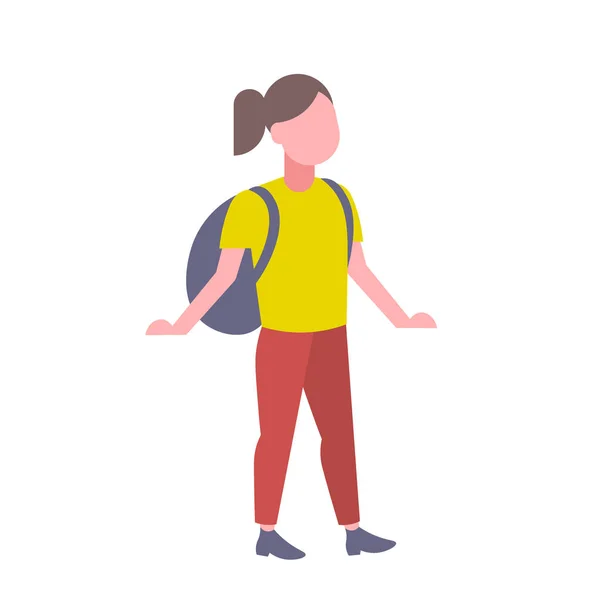 Izole sırt çantası casual kız kadın karikatür karakter tam uzunlukta ile düz duran kadın öğrenci — Stok Vektör