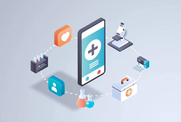 スマート フォン画面医学医療モバイル アプリケーション オンライン医療検査概念テスト アプリケーション インターフェイス デジタル技術 3 d アイソ メトリック水平フラット — ストックベクタ