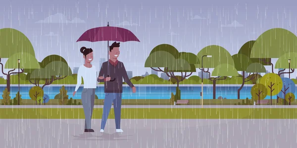 lovers couple under umbrella man woman romantic walking in rain city urban park landscape background full length characters flat horizontal