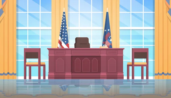 Verenigde Staten van Amerika gelukkig voorzitters dag concept Voorzitter werkplek houten meubilair Usa vlag oval office witte huis interieur vlak en horizontaal — Stockvector