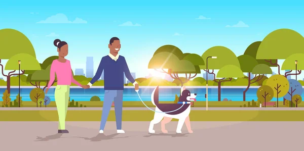 Couple walk with husky dog african american man woman walking city urban park sunset landscape background people having rest outdoor flat horizontal full length — Stock Vector