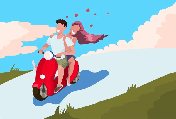 Pareja a caballo moto scooter mujer hombre amantes viajar en moto personas activas libertad concepto paisaje fondo masculino mujer longitud completa caracteres plana horizontal — Vector de stock