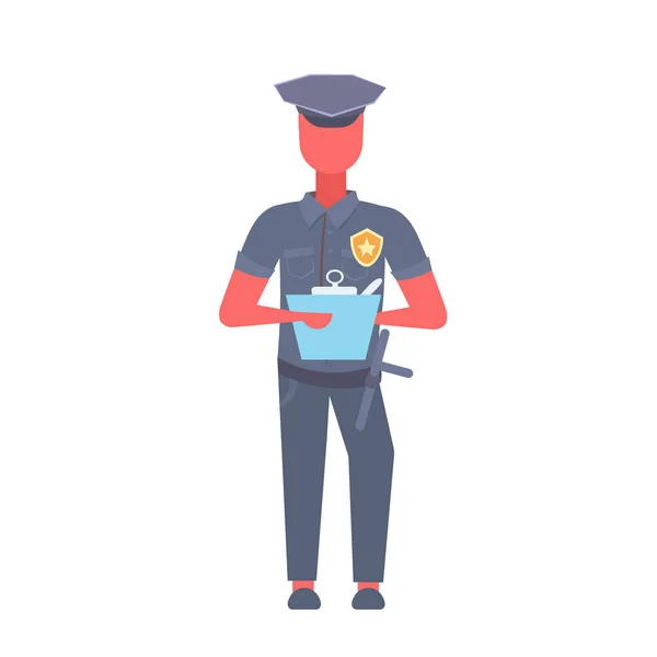 Αστυνομικός γραπτώς έκθεση άνθρωπος φορώντας μπάτσος στολή αστυνομικού αρσενικό καρτούν χαρακτήρα πλήρους μήκους επίπεδη απομονωμένες — Διανυσματικό Αρχείο