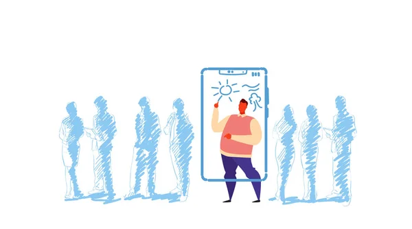 Homme dessin soleil sur smartphone écran se démarquant de la foule gens silhouettes individualité concept artiste en utilisant application mobile pleine longueur personnage croquis gribouiller horizontal — Image vectorielle