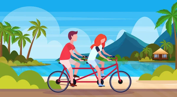 Couple en amour équitation tandem vélo vacances d'été mer plage paysage beau bord de mer homme femme amoureux vélo jumeau horizontal plat — Image vectorielle